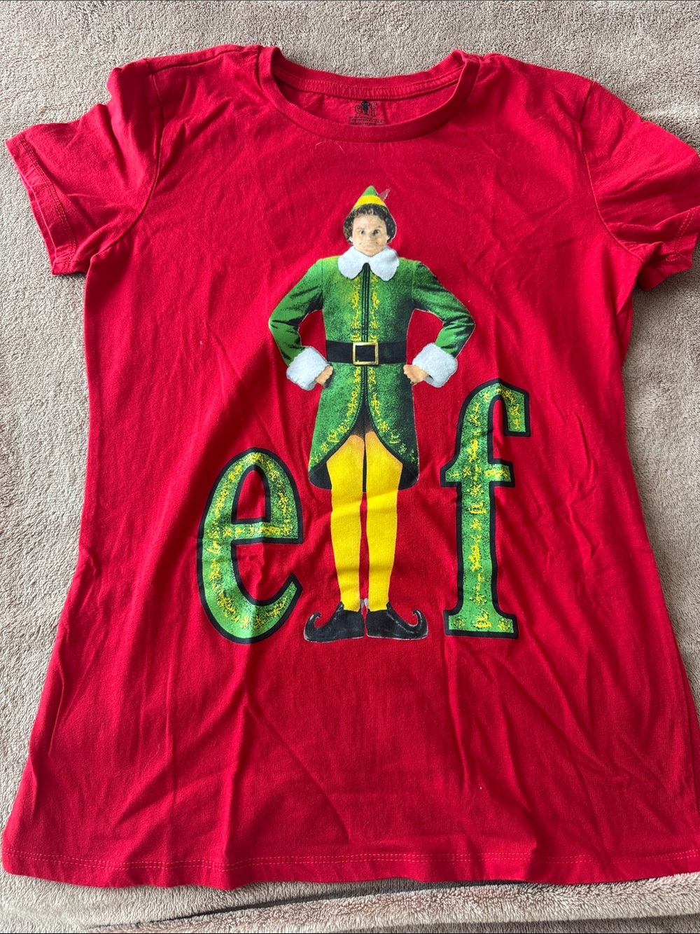 ELF Red Tee with Green & Yellow Elf Graphic